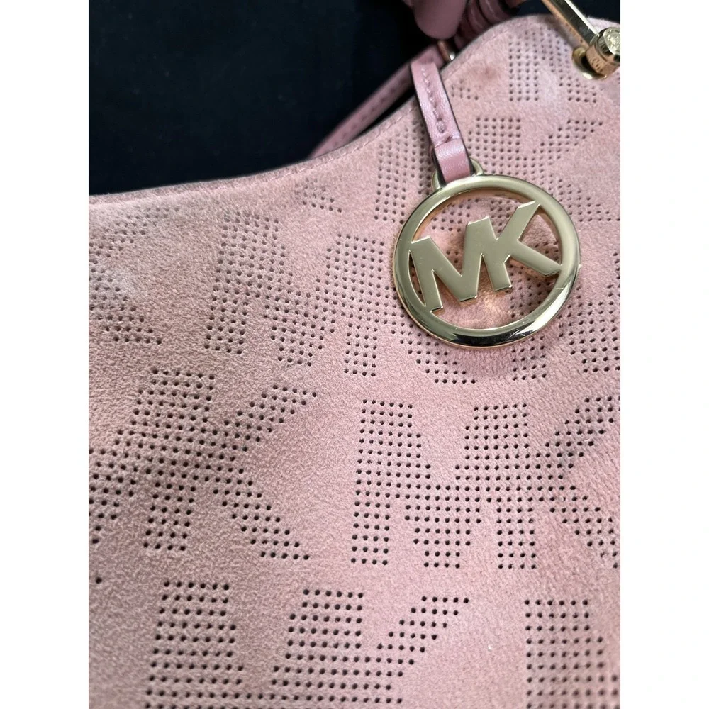 Michael‎ Kors Pink  Logo Perforated Suede Shoulder Purse